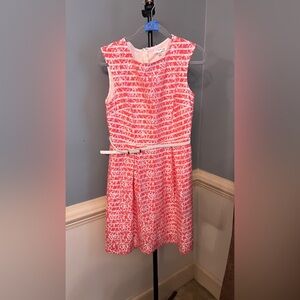 Studio One Coral and White Textured Sleeveless Dress with Slim Belt